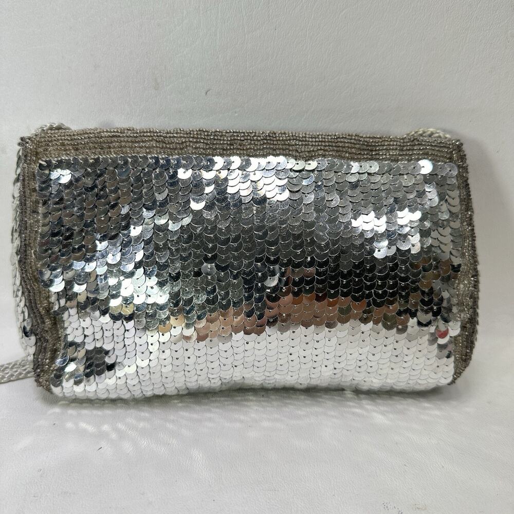 Vintage Dolce By Pierre Sequin Bag Handbag Purse Silver Beaded Edge Purse Lined - Picture 2 of 11